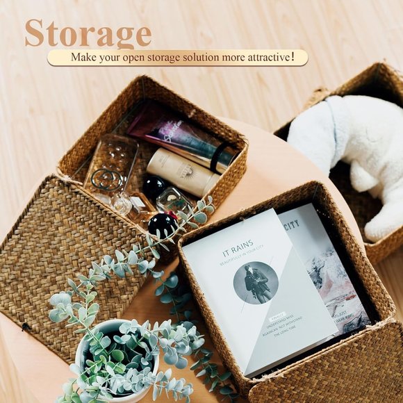 Brown Wicker Woven Storage 4 Seagrass Rattan Storage Containers Organizers - Picture 3 of 9